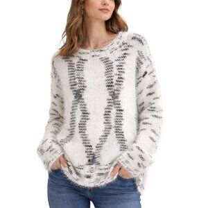 Fuzzy Eyelash Knit Sweater Black White Oversized Cozy Soft Pullover L